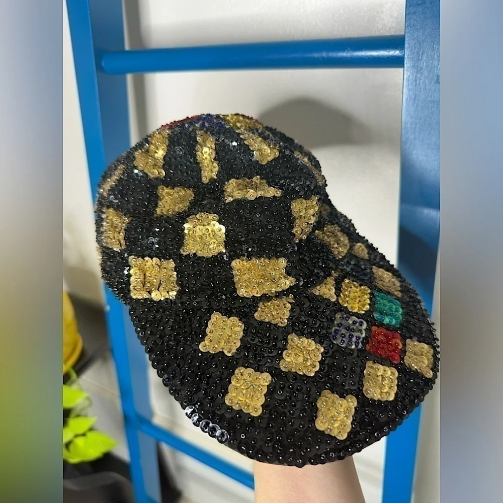 Vintage 1980s Hurry Up! Full Sequin Baseball Cap Hat in Black Red Green Gold - Picture 2 of 7